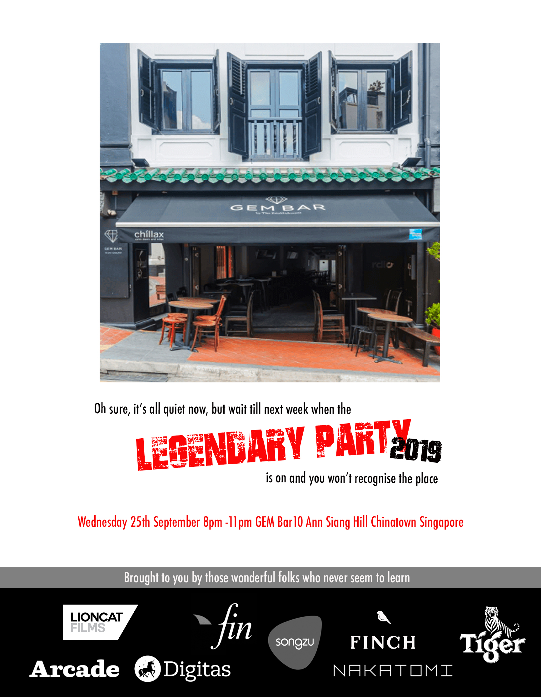 Join Song Zu, Fin Design + Effects, Arcade, Finch, NAKATOMI, Lioncat Films, Digitas & Tiger Beer at the Spikes Legendary Party tonight in Singapore