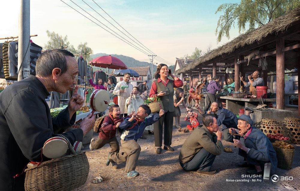 New print work out of RedBank Beijing promotes the noise cancelling feature of the 360 QIKU mobile phone
