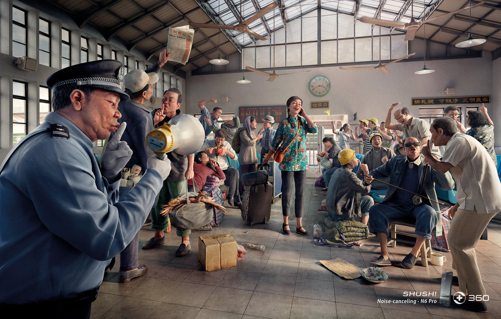 New print work out of RedBank Beijing promotes the noise cancelling feature of the 360 QIKU mobile phone