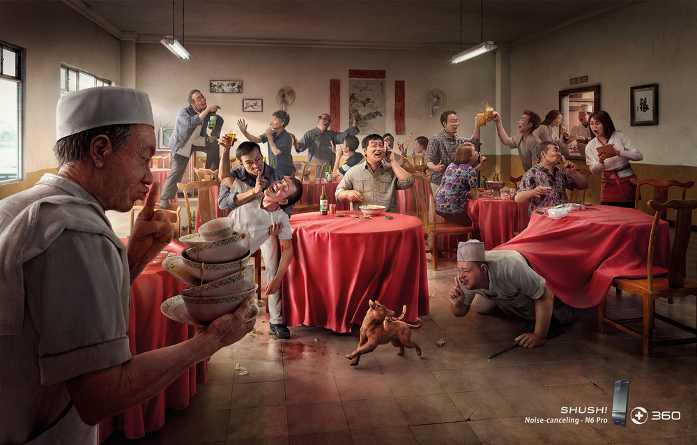 New print work out of RedBank Beijing promotes the noise cancelling feature of the 360 QIKU mobile phone