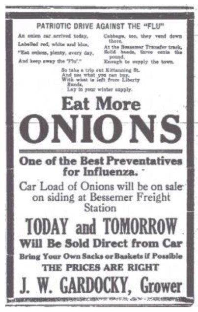 “Eat more onions!” ~ reflecting on ads that ran during the Spanish Flu more than a century ago