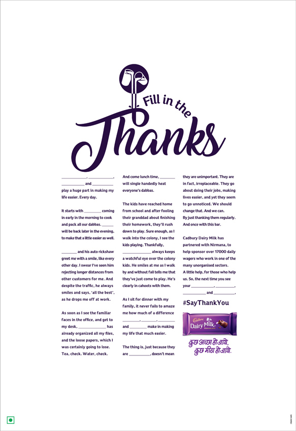 Ogilvy India releases print campaign for Cadbury Dairy Milk inviting readers to ‘Fill in the Thanks’
