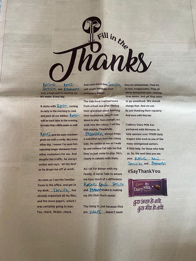 Ogilvy India releases print campaign for Cadbury Dairy Milk inviting readers to ‘Fill in the Thanks’
