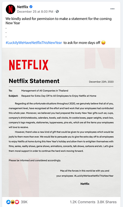 Netflix Thailand releases new year statement encouraging employers to give staff more days off to watch Netflix during the holidays