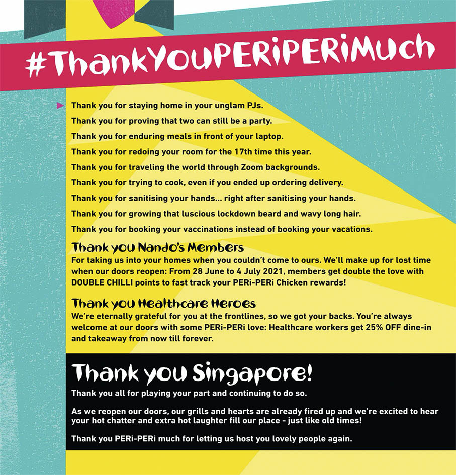 Nando’s thanks Singapore customers and healthcare workers ‘PERi-PERi Much’ via Fishermen Integrated campaign