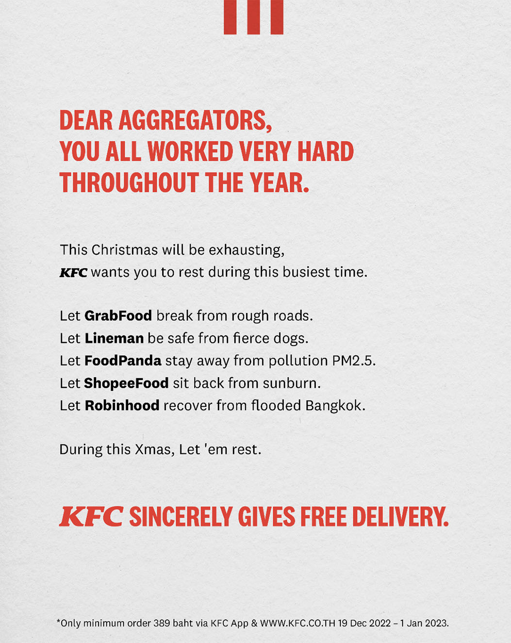 KFC Thailand gives delivery app riders a well-deserved rest in their latest holiday campaign