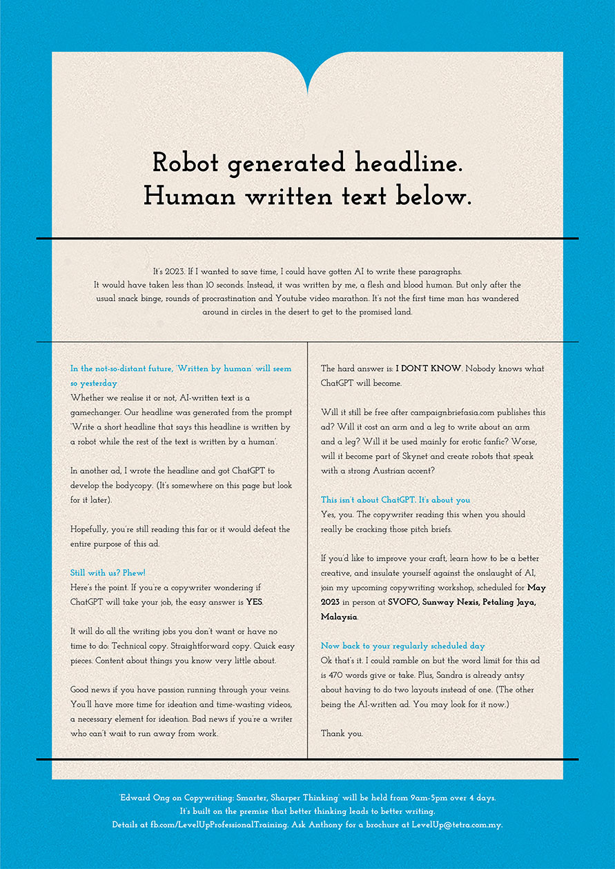 Either the first long copy ad written by AI or a blatant copywriting workshop promotion