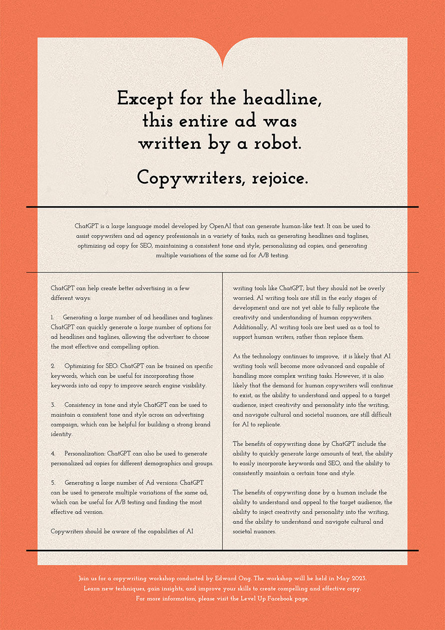 Either the first long copy ad written by AI or a blatant copywriting workshop promotion
