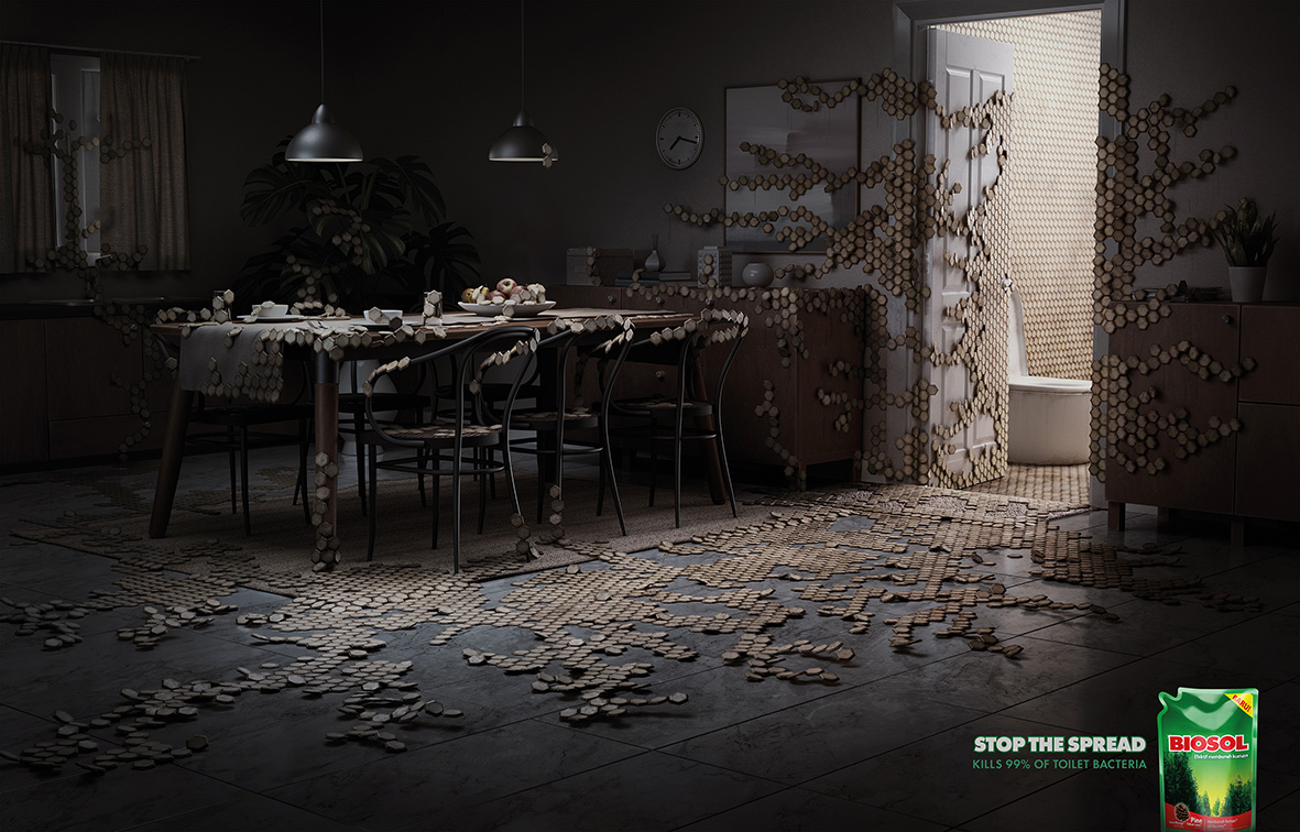 New print work from Ogilvy Indonesia highlights how far bacteria can spread from your toilet