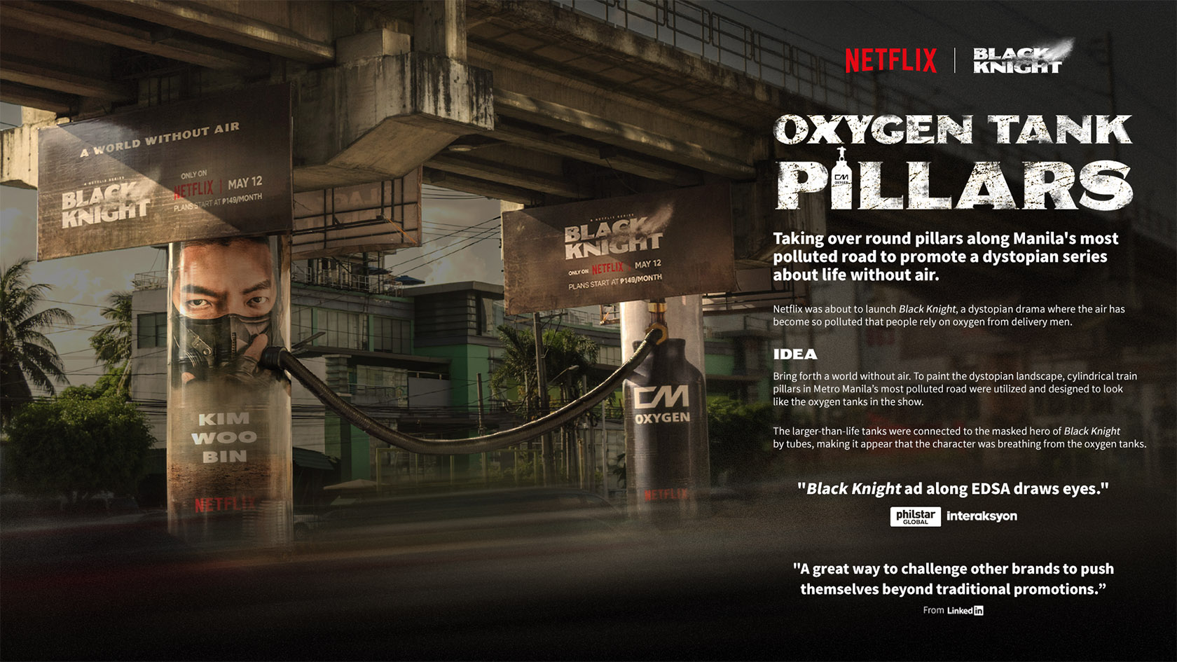 Netflix and GIGIL turn train columns in Manila into oxygen tank pillars to promote Black Knight