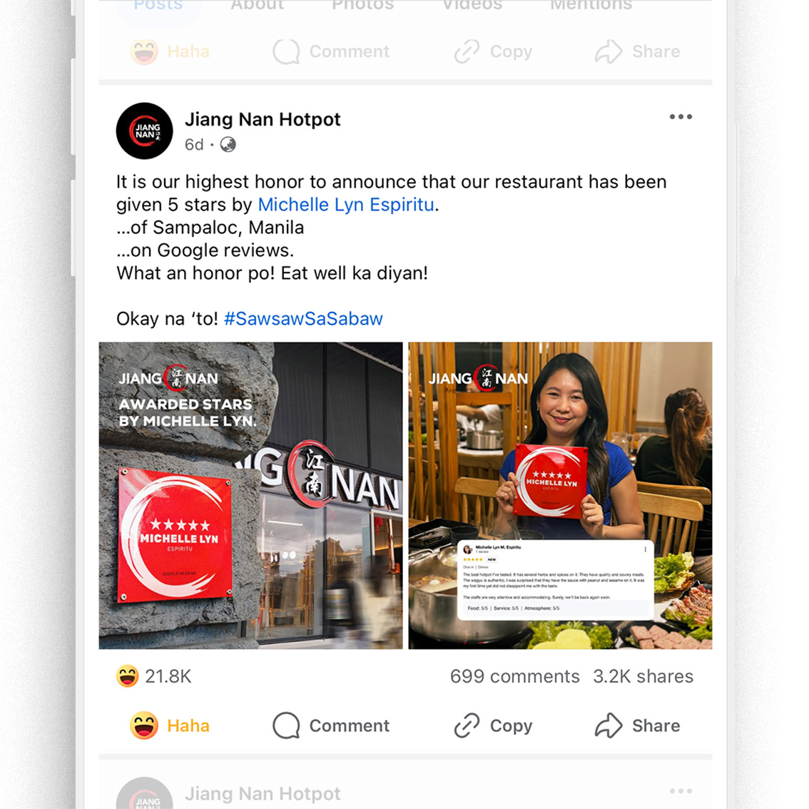 Jiang Nan restaurant receives the first Michelle Lyn in the Philippines in a campaign by GIGIL